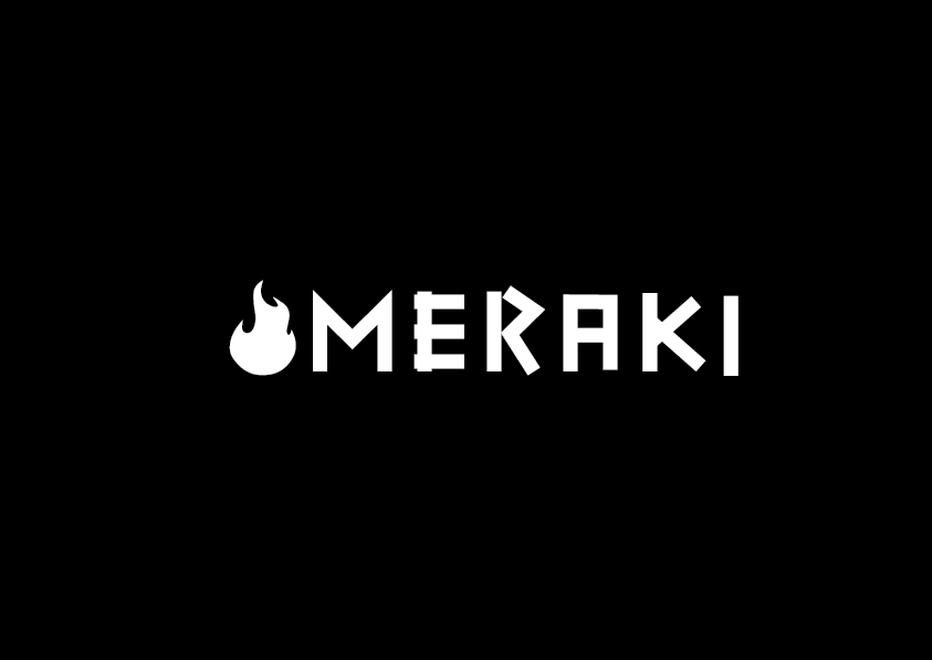 The word meraki is written in white on a black background.