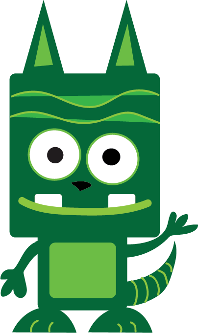 A green cartoon character with big eyes and a long tail