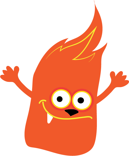 A cartoon drawing of a fire monster with arms outstretched