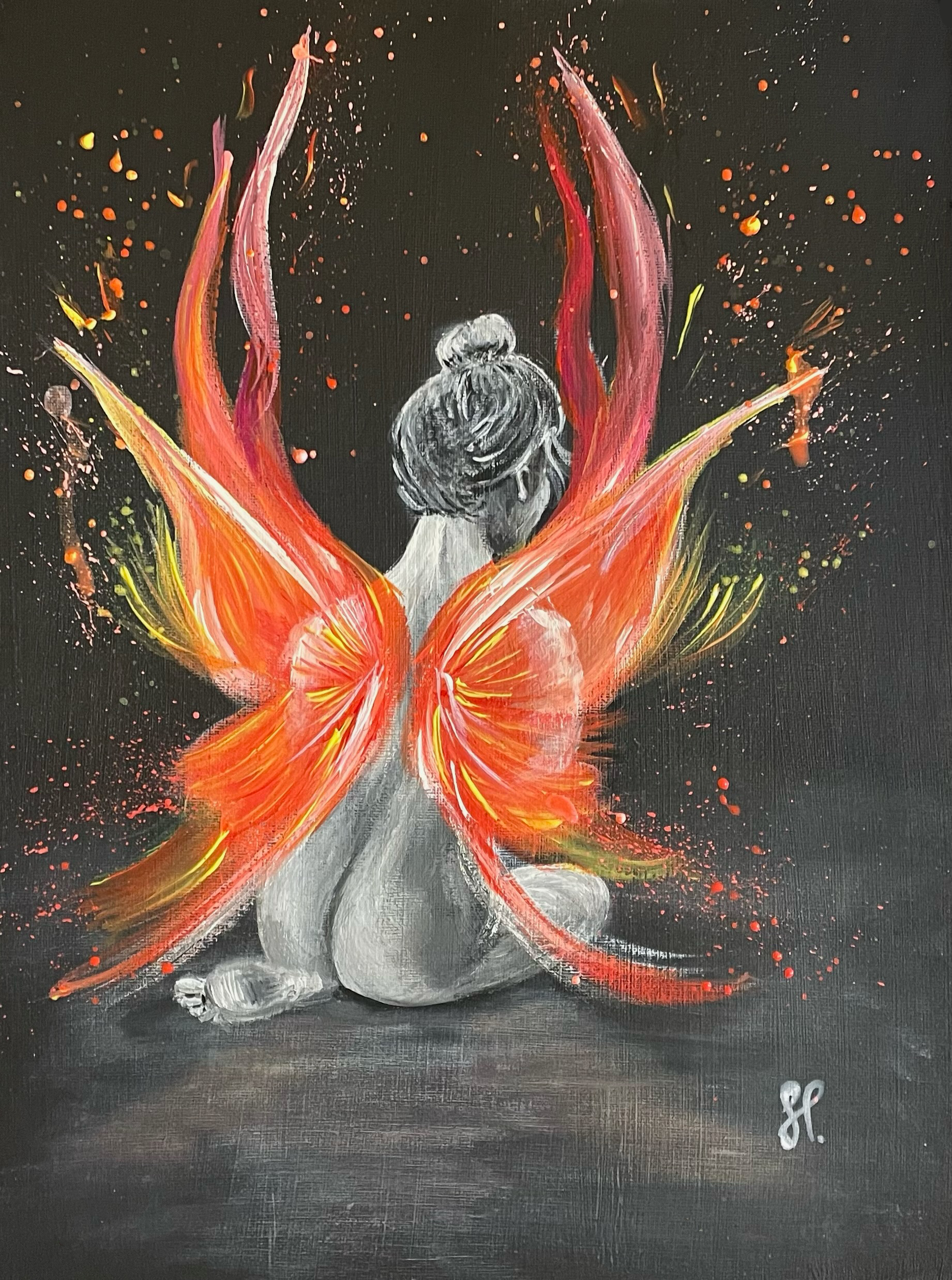 A painting of a fairy with red and yellow wings