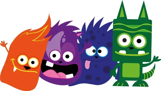 Four cartoon monsters are standing next to each other on a white background.