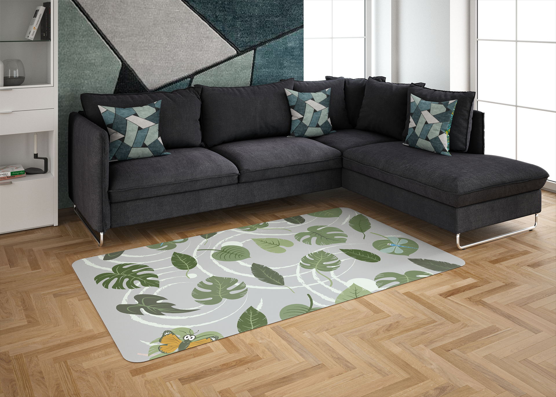 A living room with a sectional couch and a rug