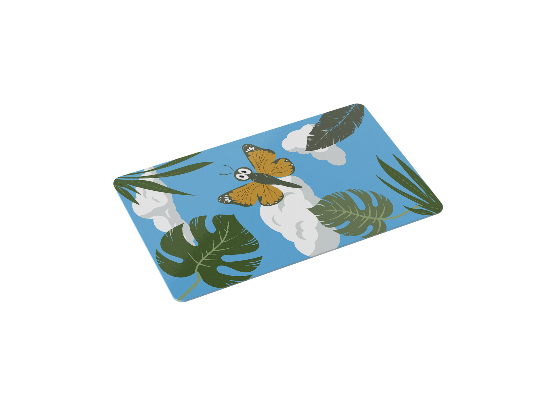 A blue rug with a butterfly and leaves on it