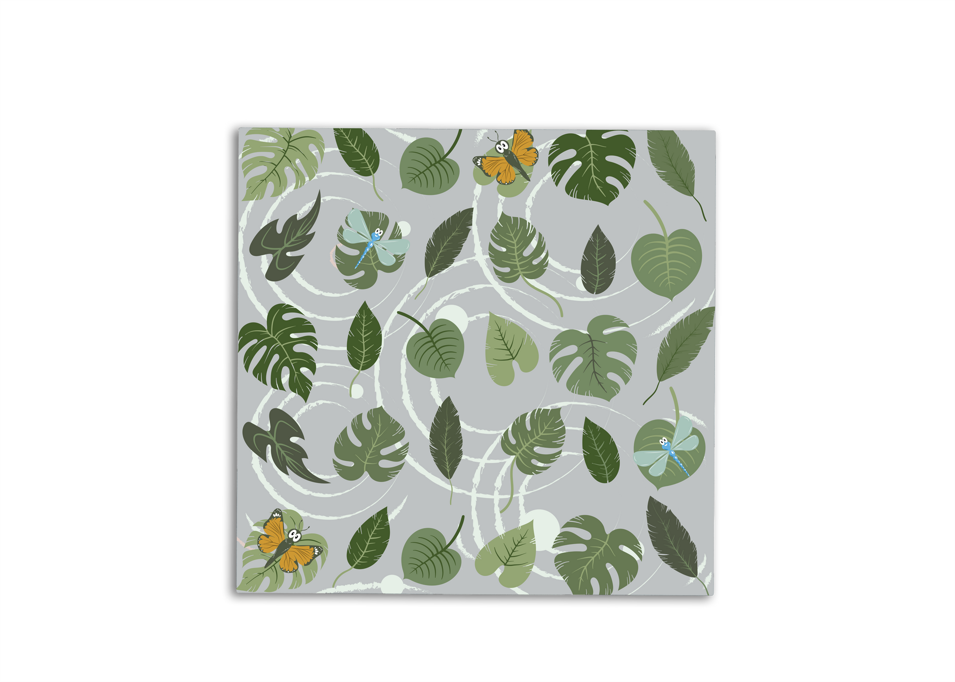 A pattern of green leaves and flowers on a gray background