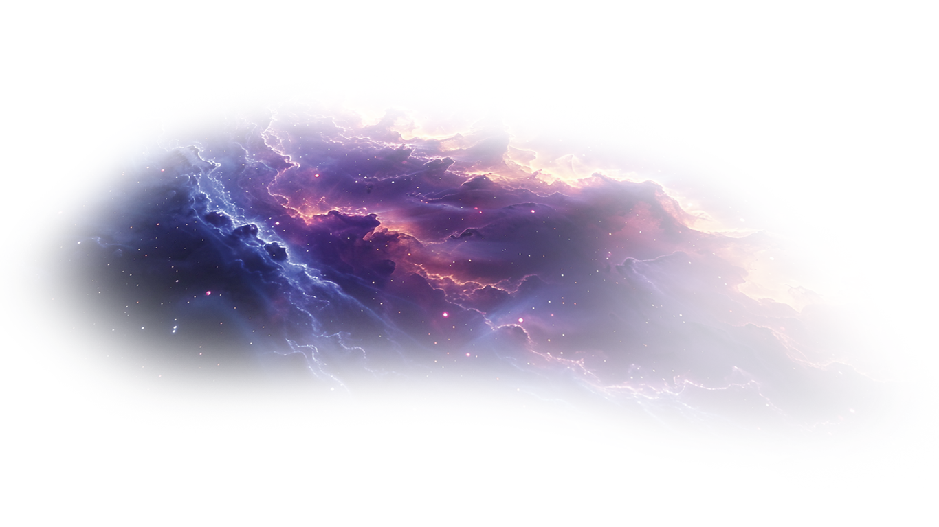 A cloud of swirling purple and orange cosmic nebula with bright star-like specks on a white background.