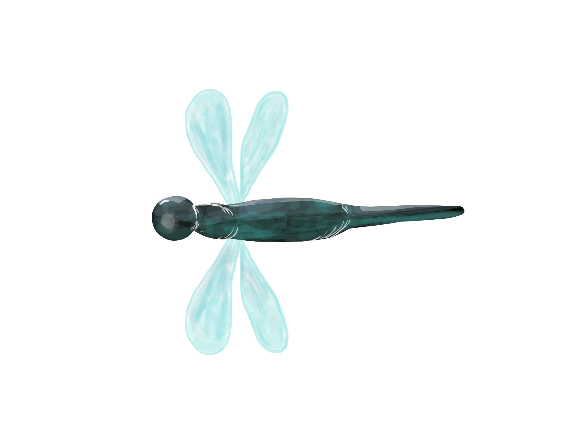 A watercolor-style illustration of a dragonfly with a dark teal body and translucent light blue wings on a white background.