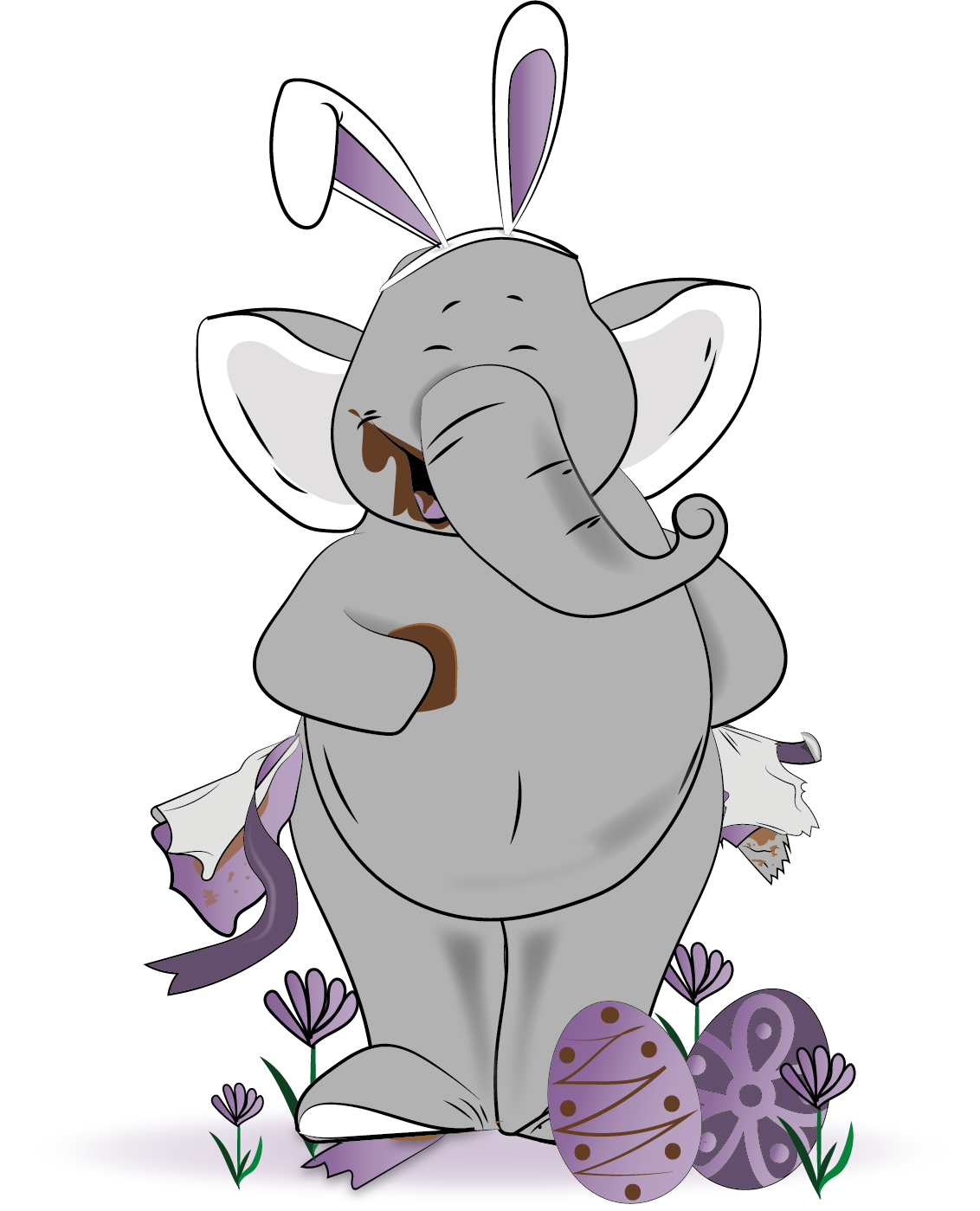 A cartoon elephant wearing bunny ears and holding an easter egg