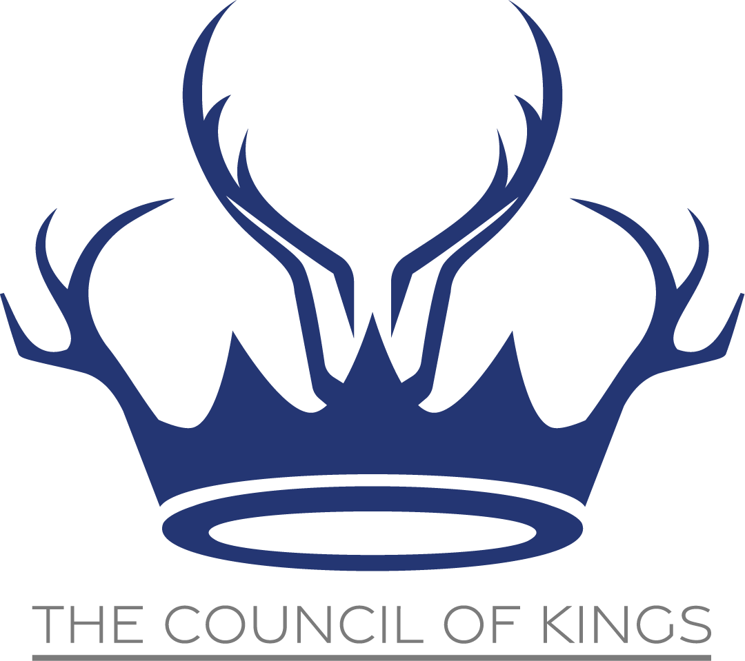 A blue crown with antlers and the words the council of kings below it
