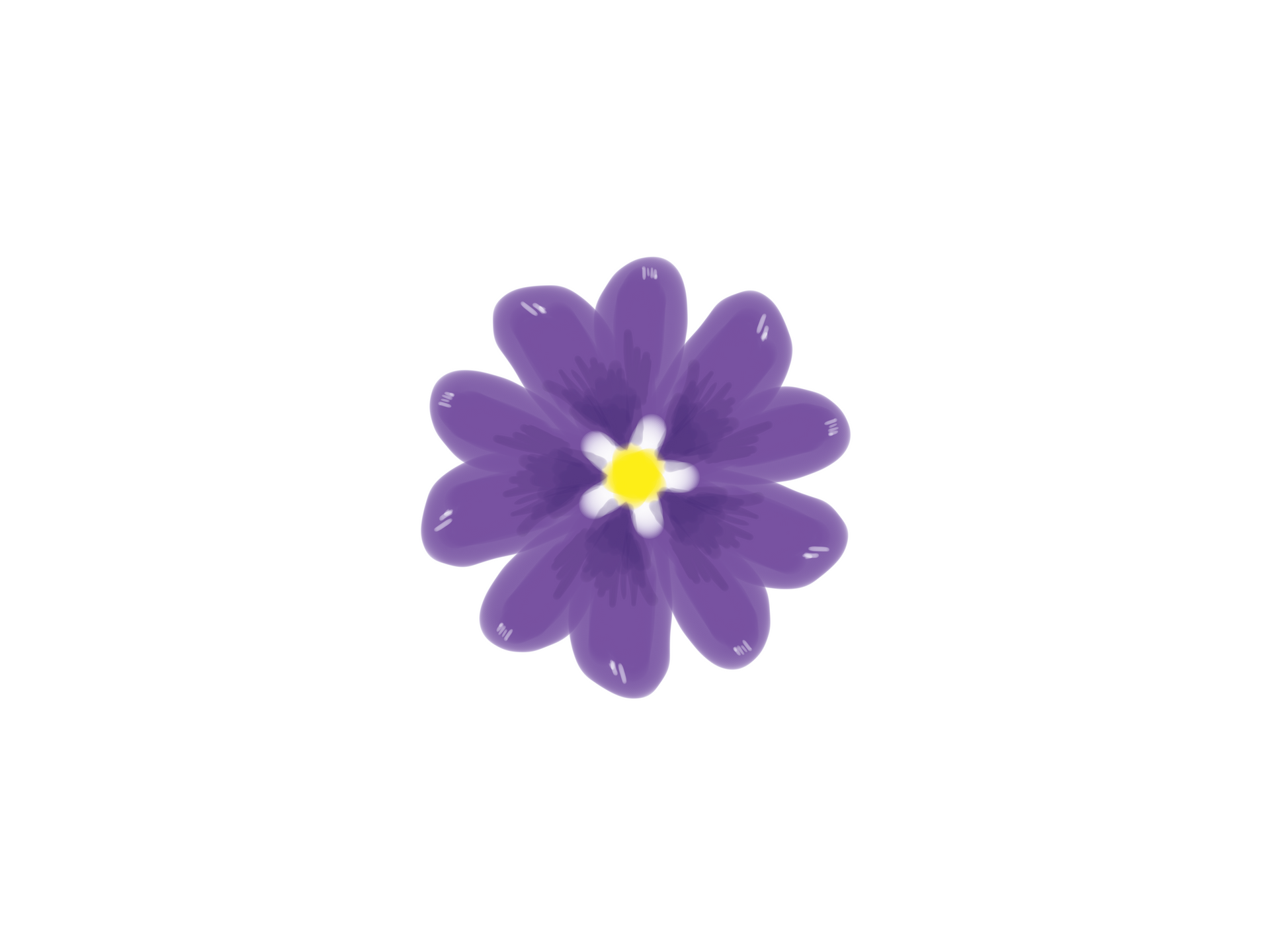 A stylized purple flower with ten rounded petals and a small, bright yellow center on a plain white background.