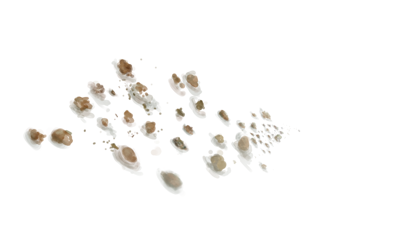 A collection of scattered, small brown pebbles or crumbs against a plain white background.