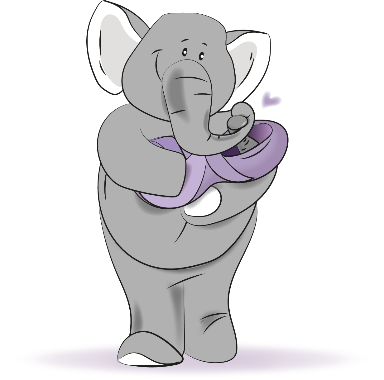 A cartoon elephant is holding a purple stuffed animal