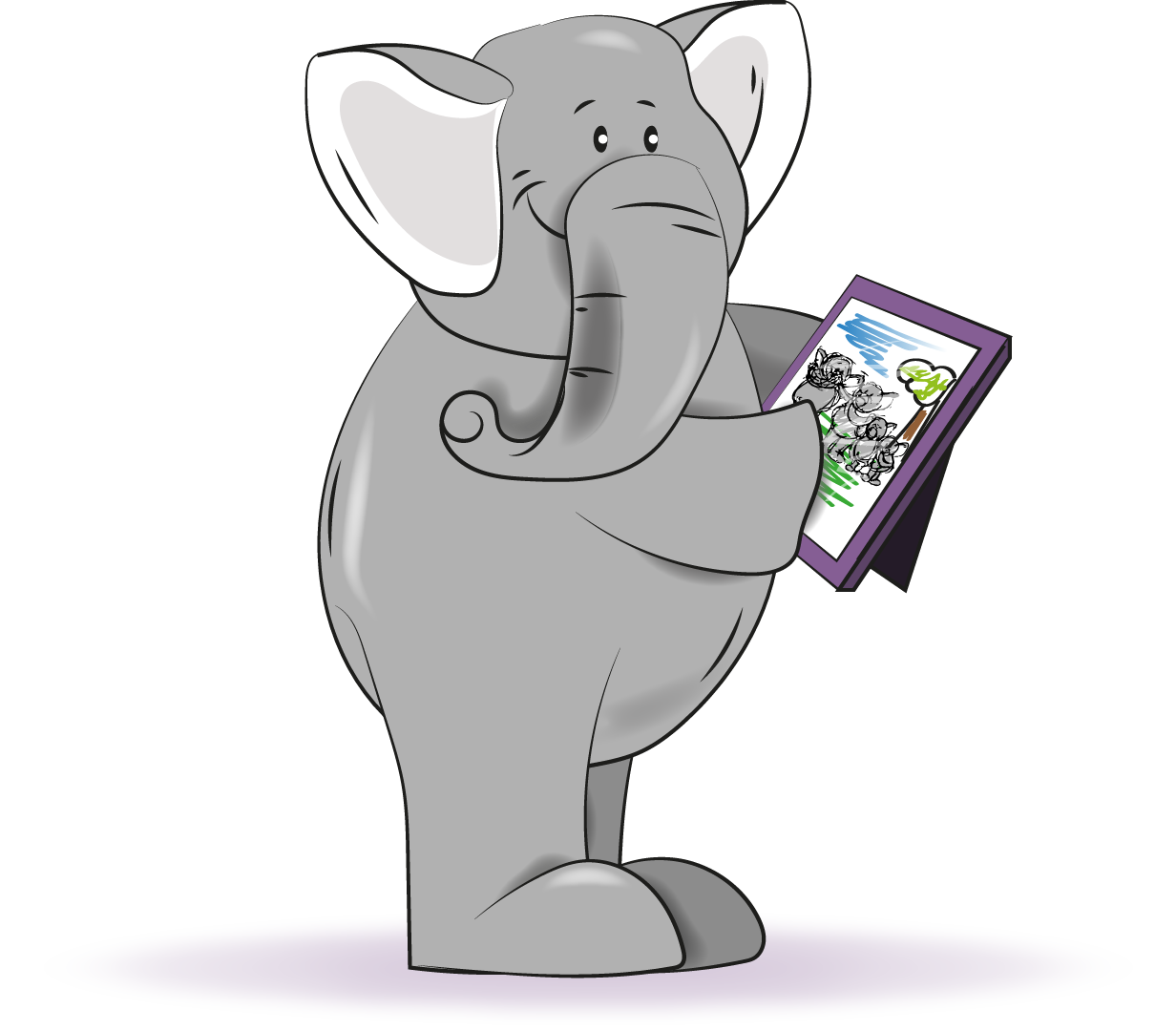 A cartoon of an elephant holding a picture frame