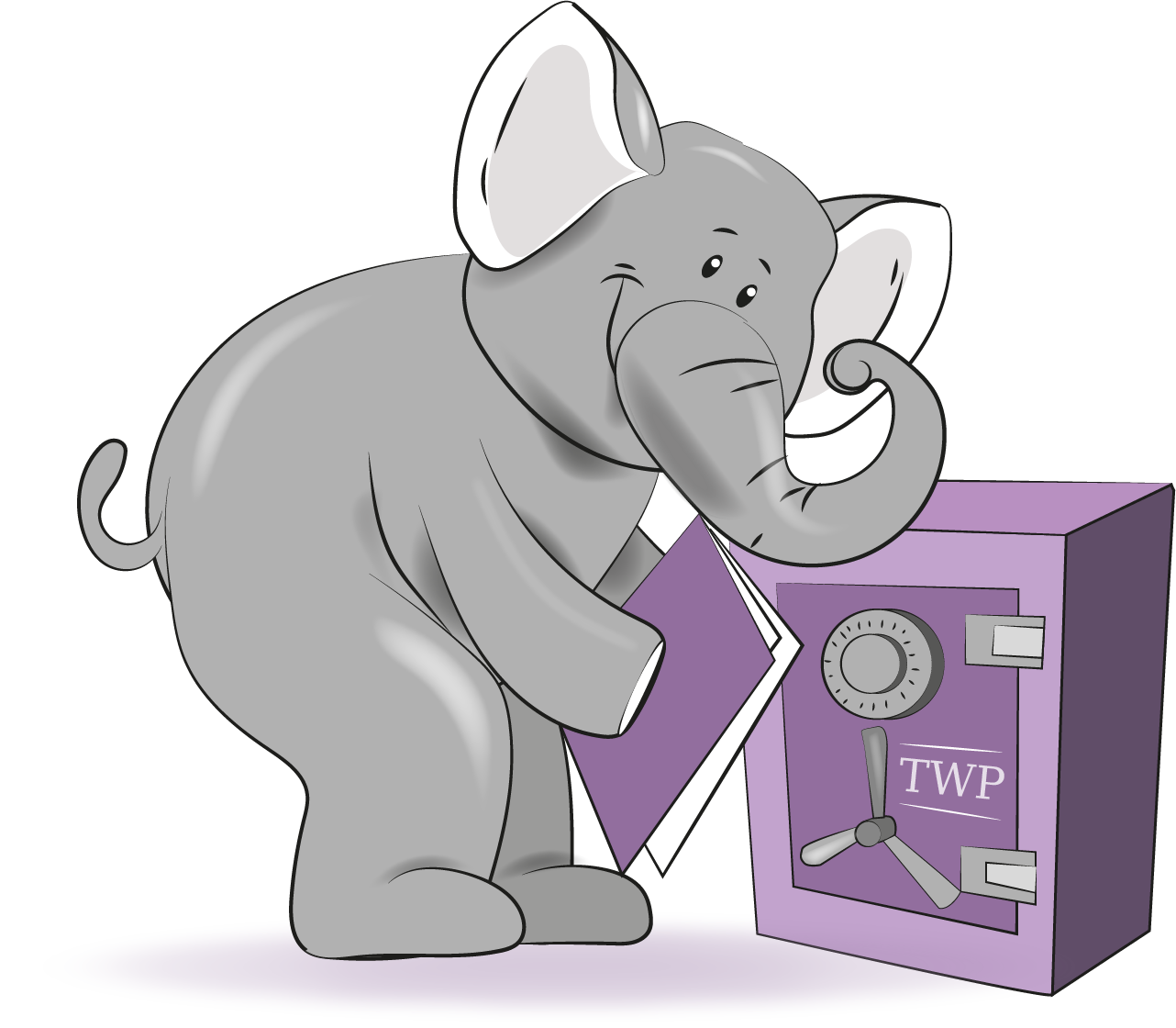A cartoon elephant holding a book next to a safe that says iwp