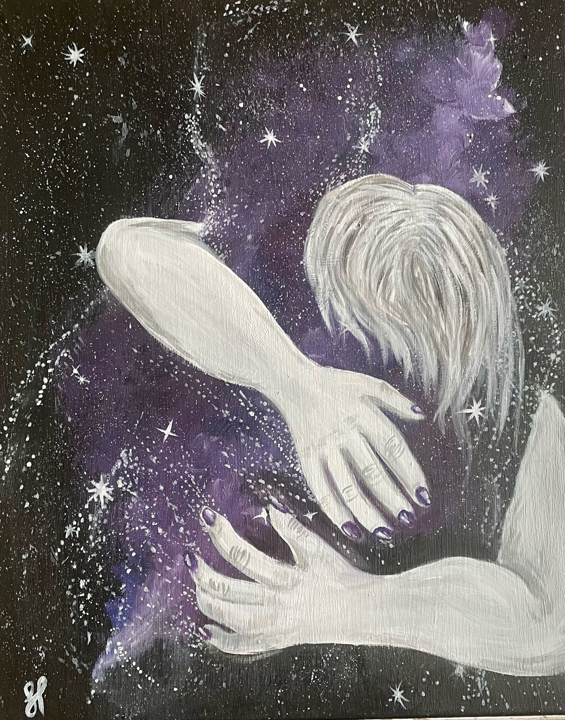 A painting of a woman hugging the figure of an invisible man made from stardust, on a purple background.