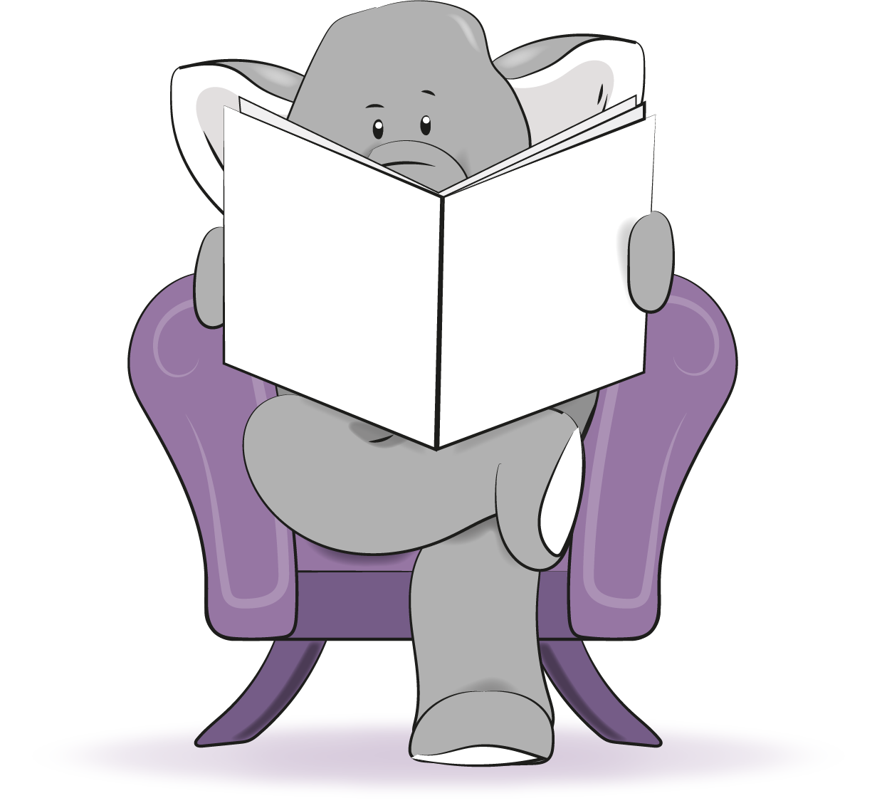 An elephant is sitting in a chair reading a book