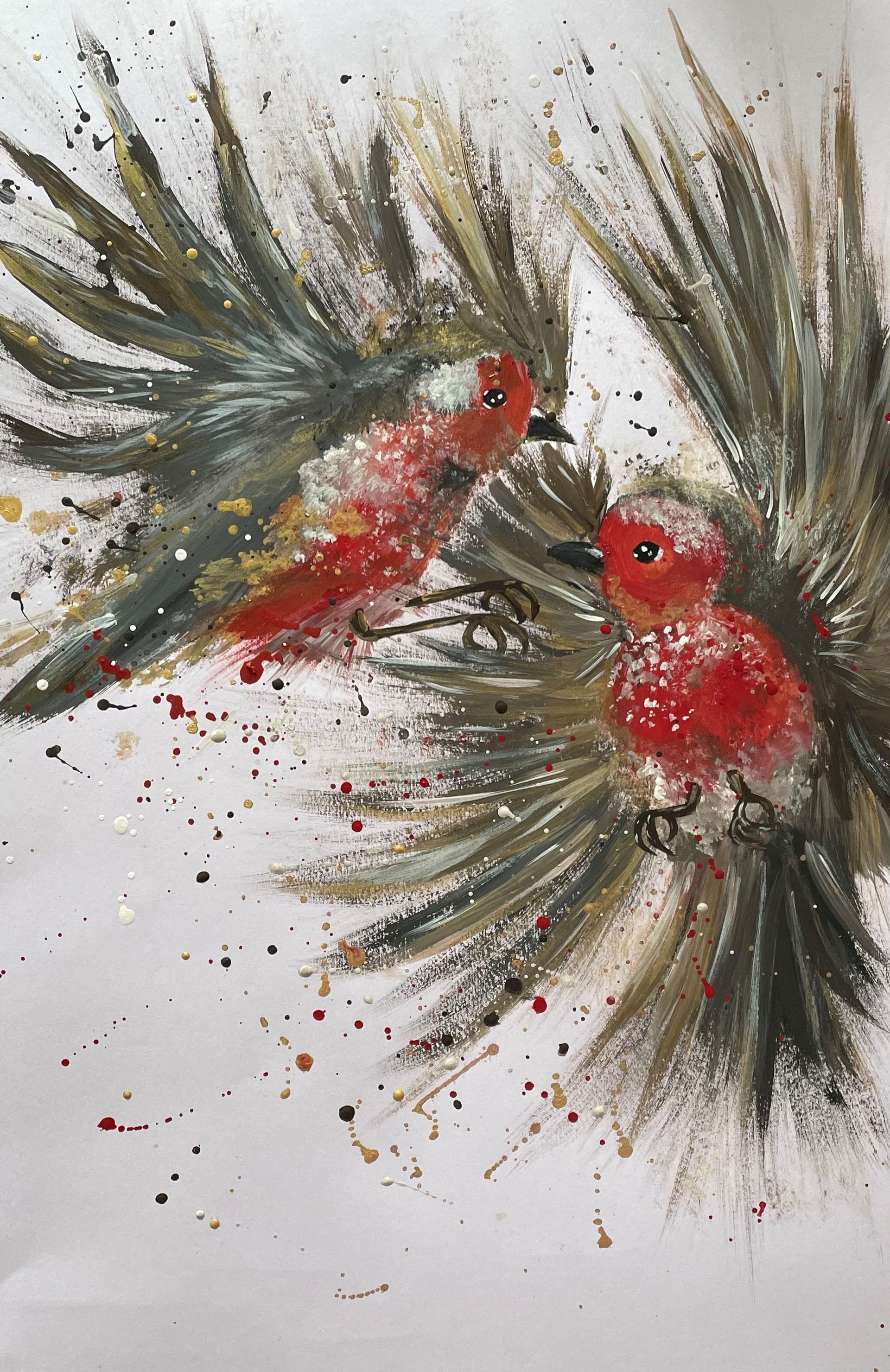 A painting of two robins mid-flight, flying together and meeting in the middle of the page on a white background