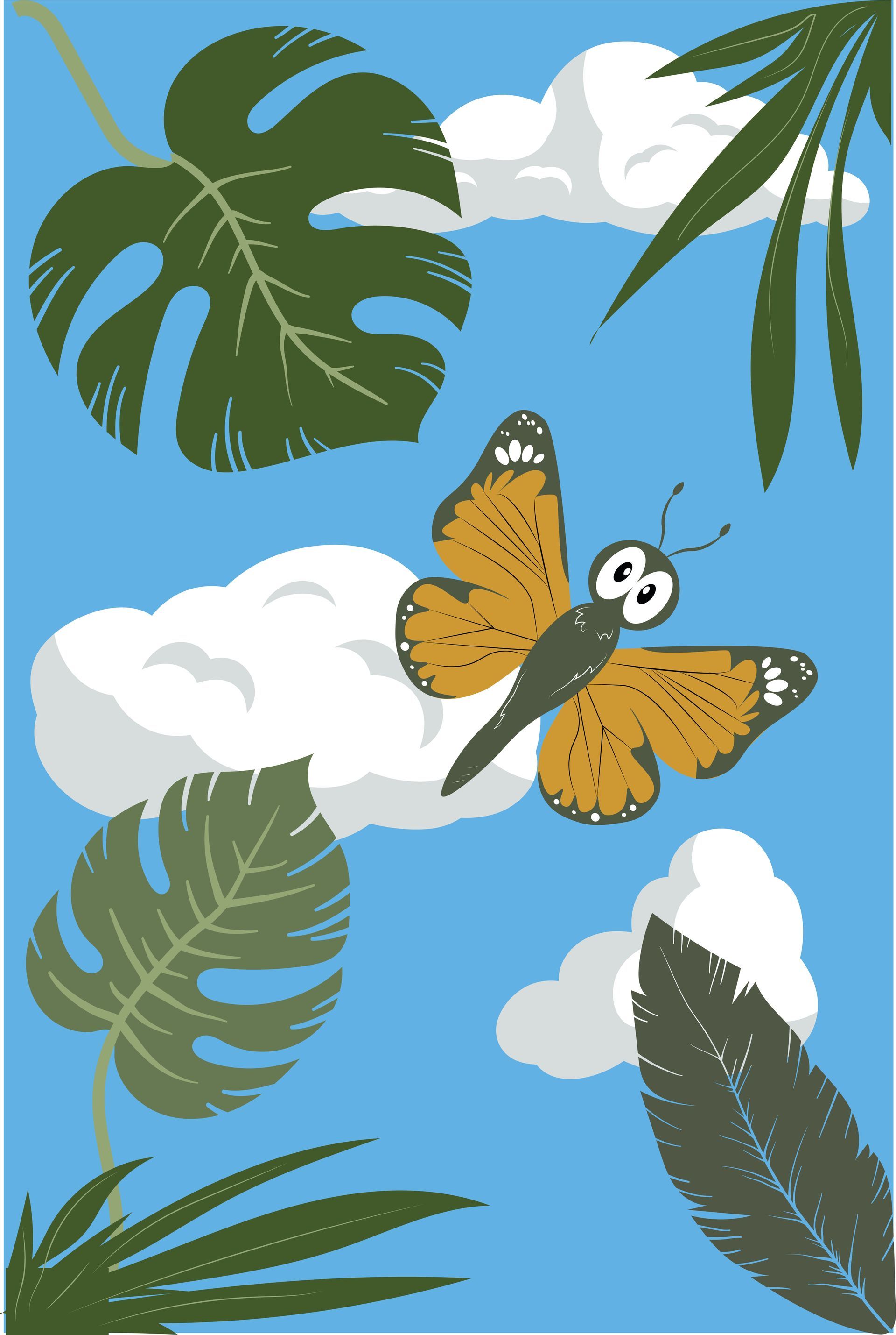A butterfly is flying in the sky surrounded by leaves and clouds