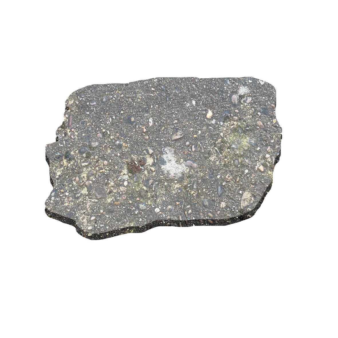 A jagged, grey piece of asphalt with a textured, speckled surface on a plain white background.