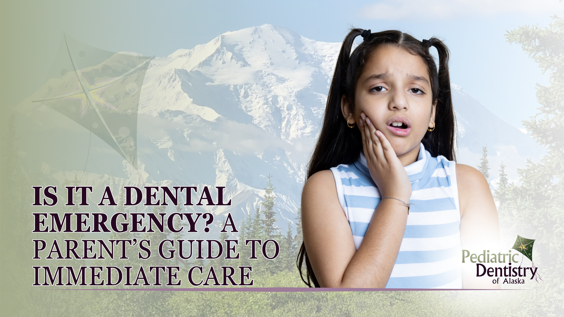 A little girl is holding her mouth in pain while a mountain is in the background.