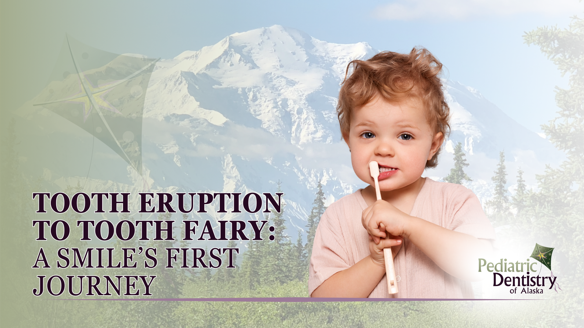 A little girl is brushing her teeth with a mountain in the background.