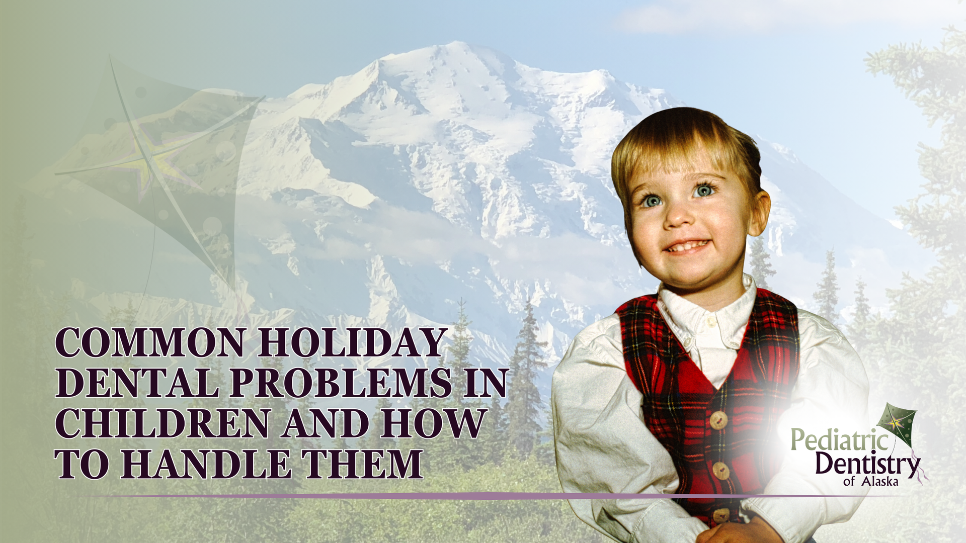 Young child smiles with mountains and text: 