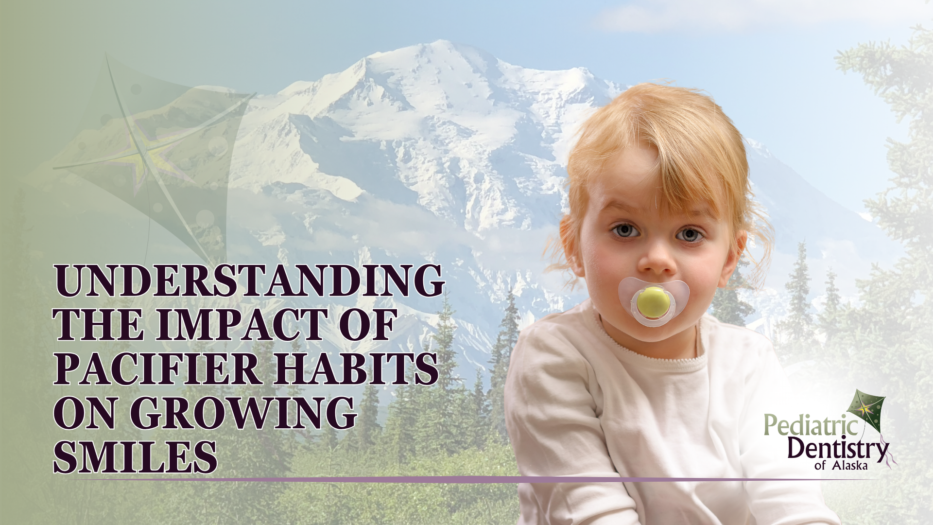 A toddler with a pacifier in front of a mountain scene, text: