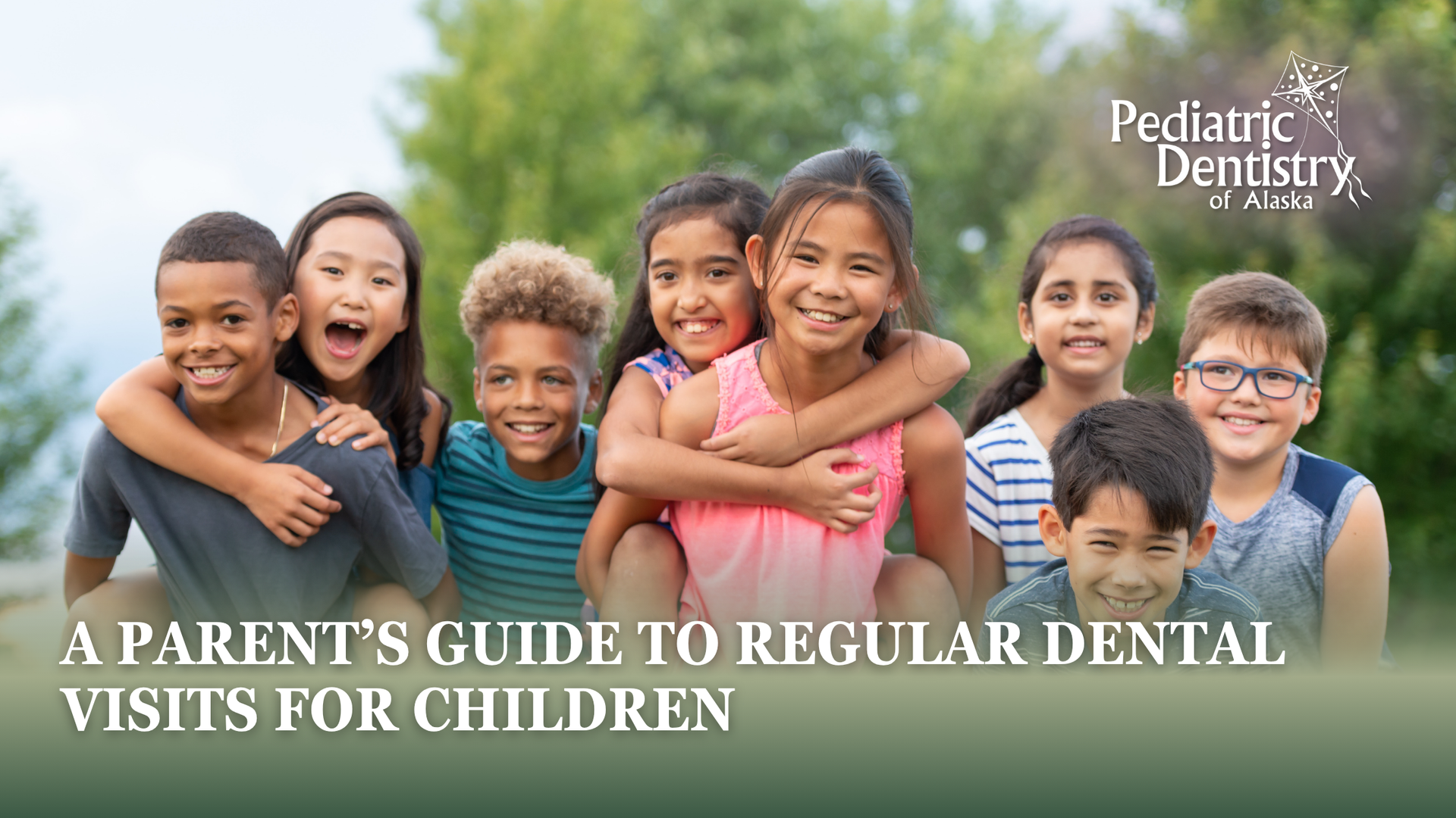 Group of smiling children, embracing outdoors, with text: