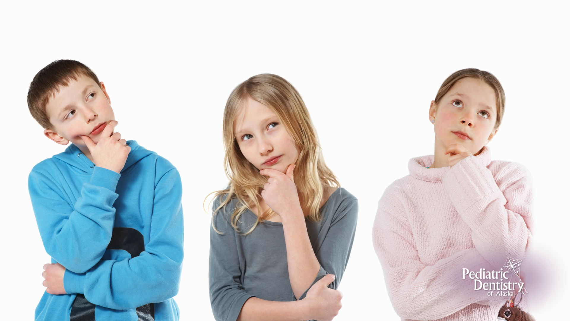 Three children, hands on chin, looking upwards thoughtfully.
