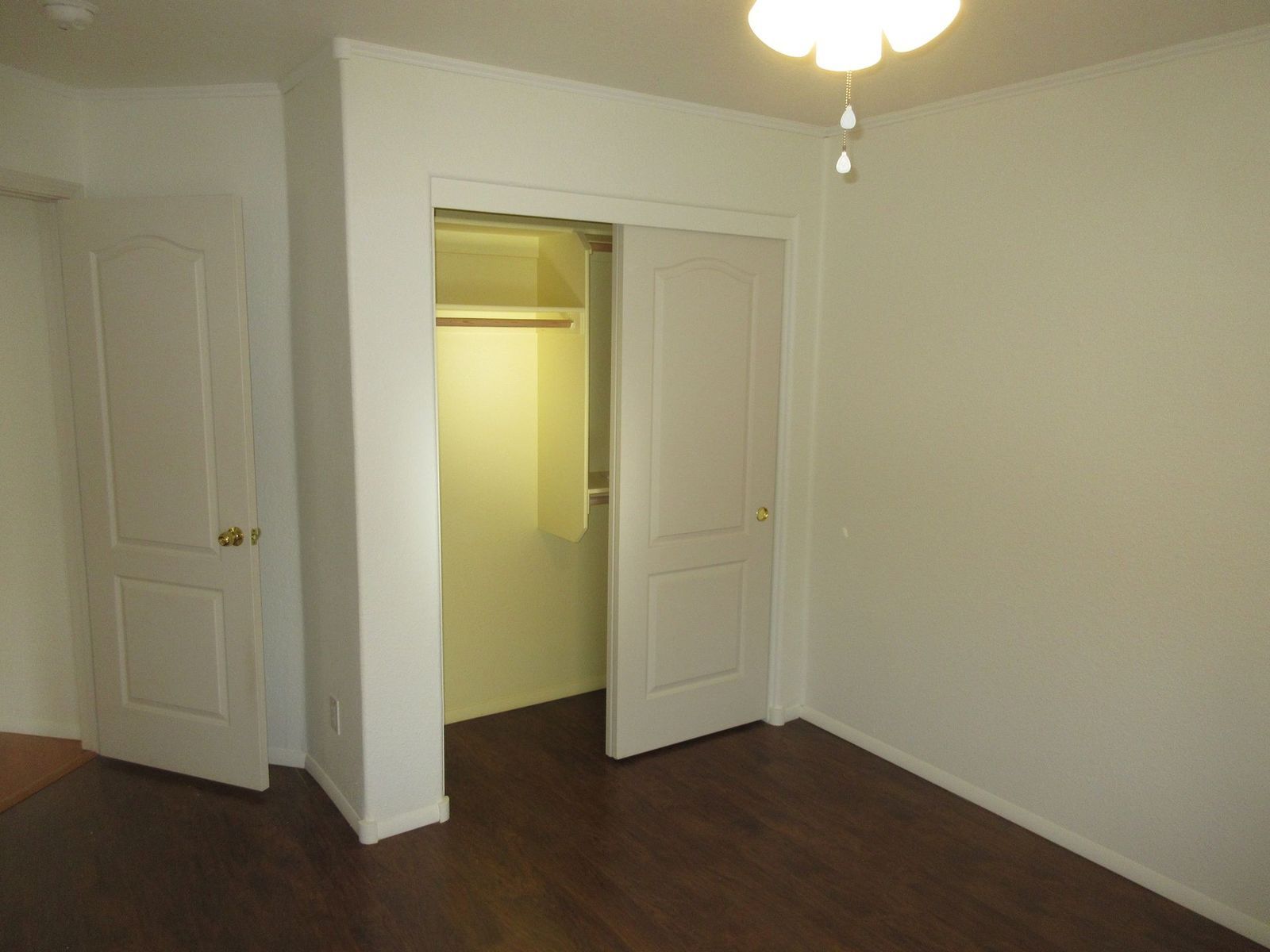 Empty room with hardwood floors, closet, and two doors.