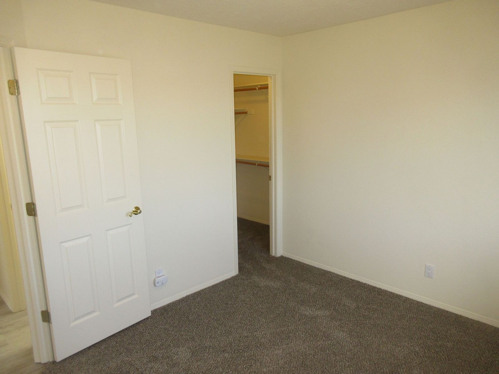Empty bedroom with white walls, carpet, and an open closet.
