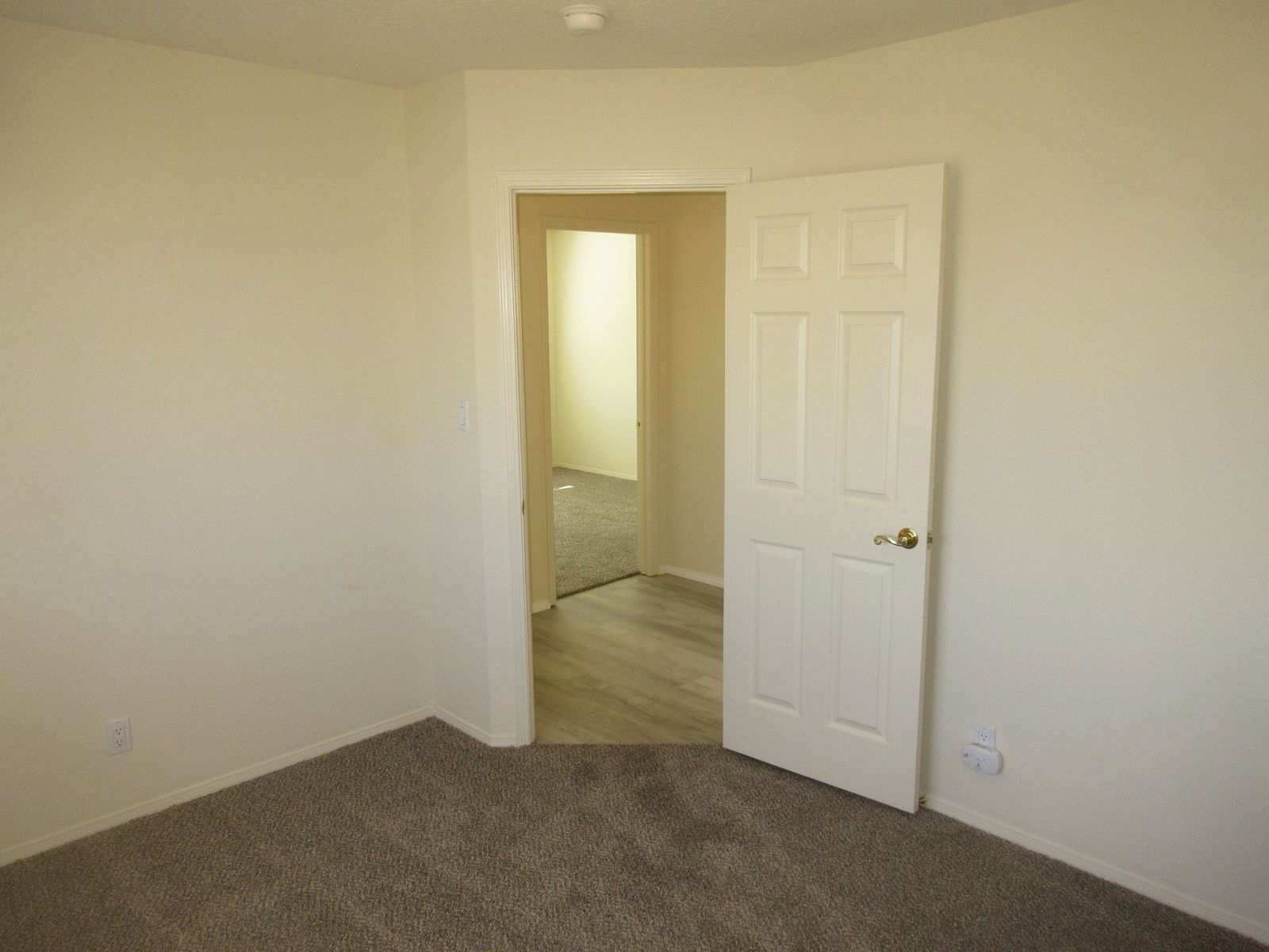 Empty room with beige walls, brown carpet, and a partially open white door leading to another room.