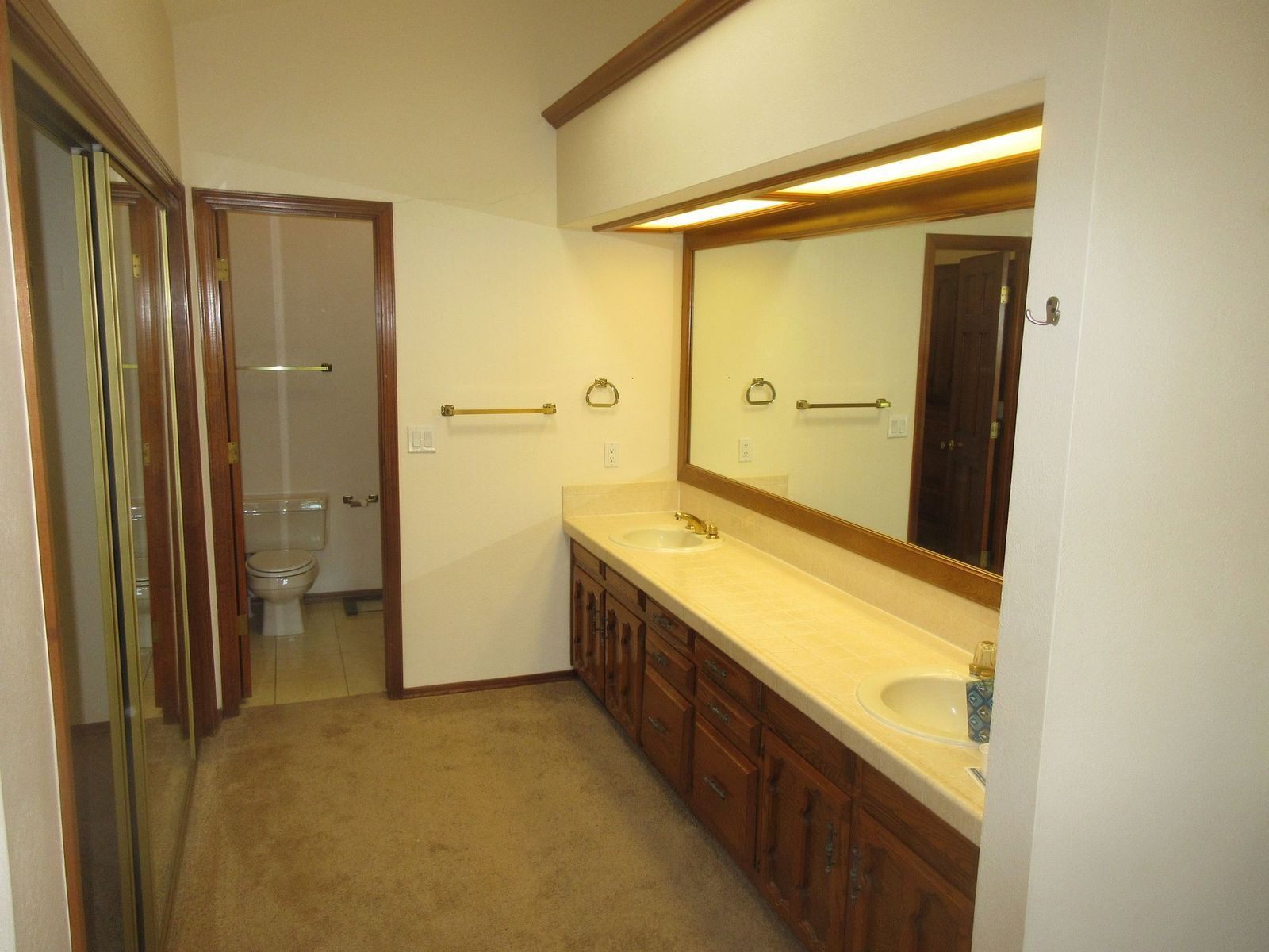 Bathroom with long countertop, two sinks, large mirror, wooden cabinets, and a toilet visible.