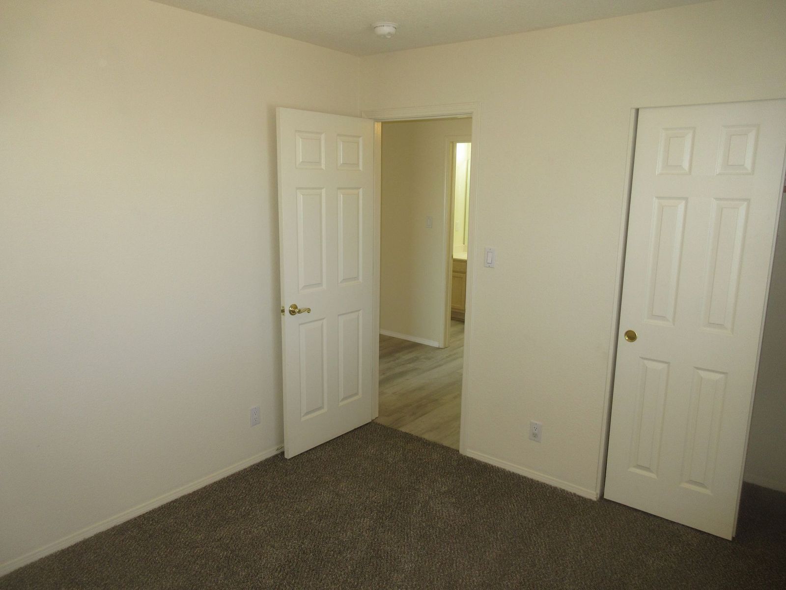 Empty room with two white doors, one open leading to another room, carpeted floor.