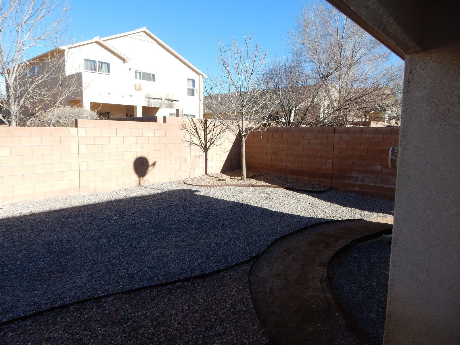 Backyard with gravel ground, stone walls, bare tree, and house in the background on a sunny day.