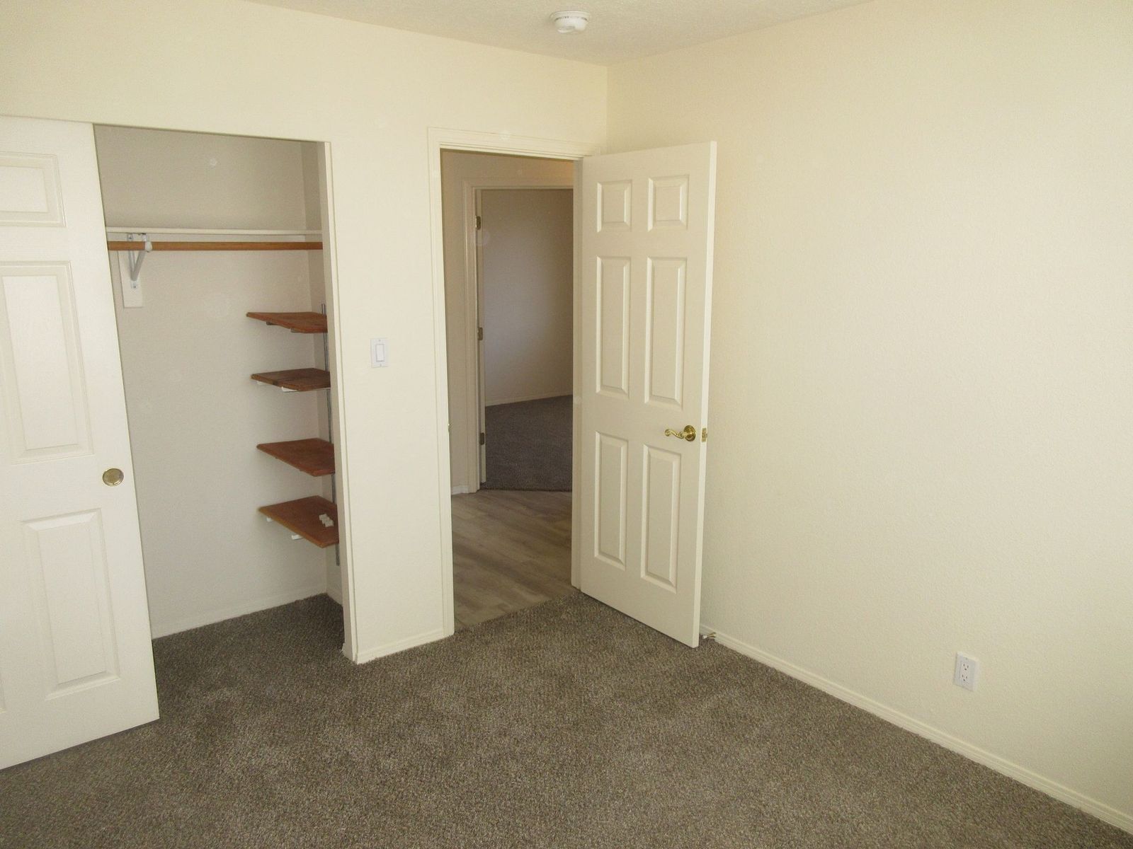 Empty room with closet and doorway, carpeted floor, beige walls, and white doors.