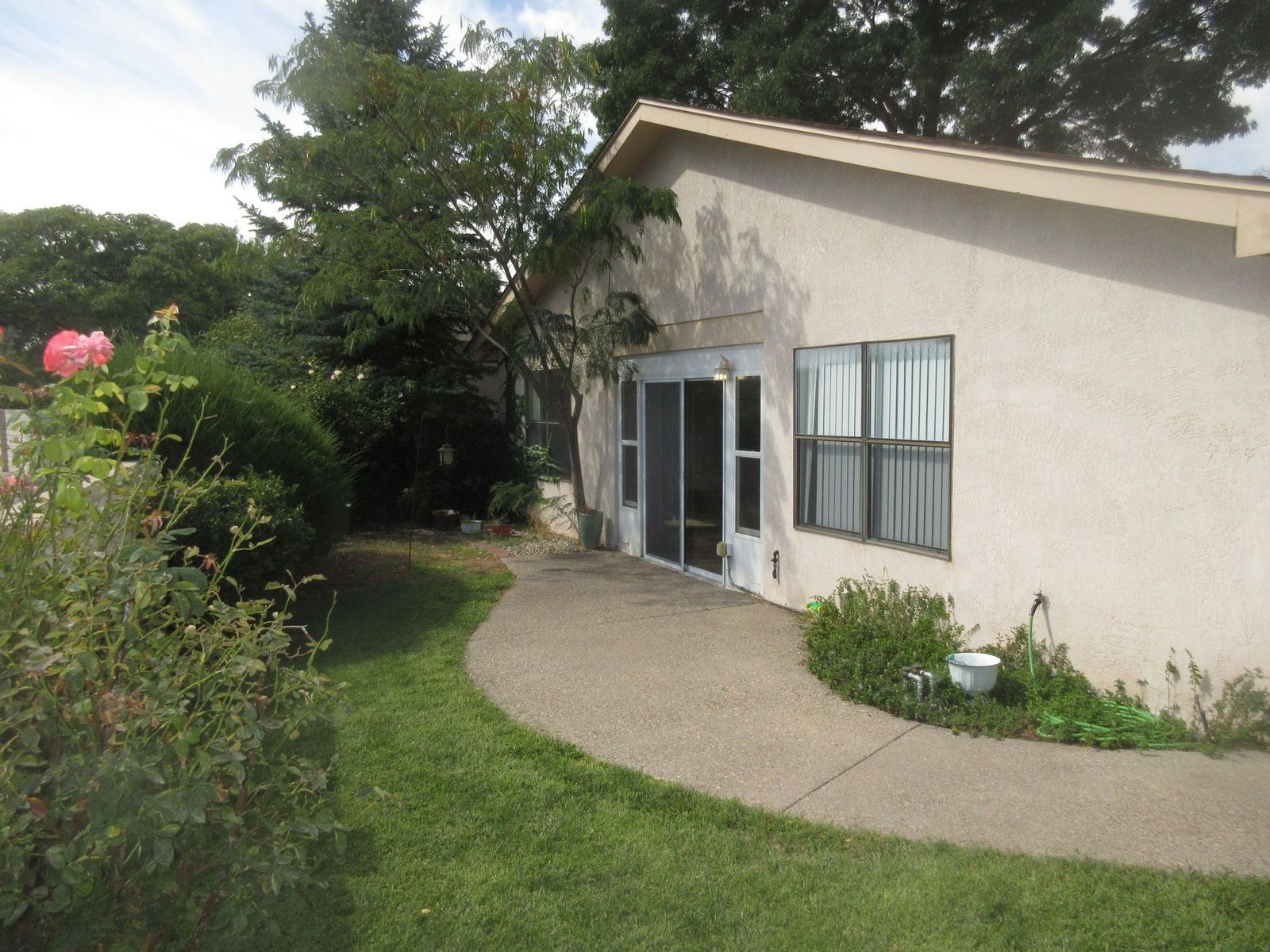 A house exterior with a curved walkway, lawn, and bushes.