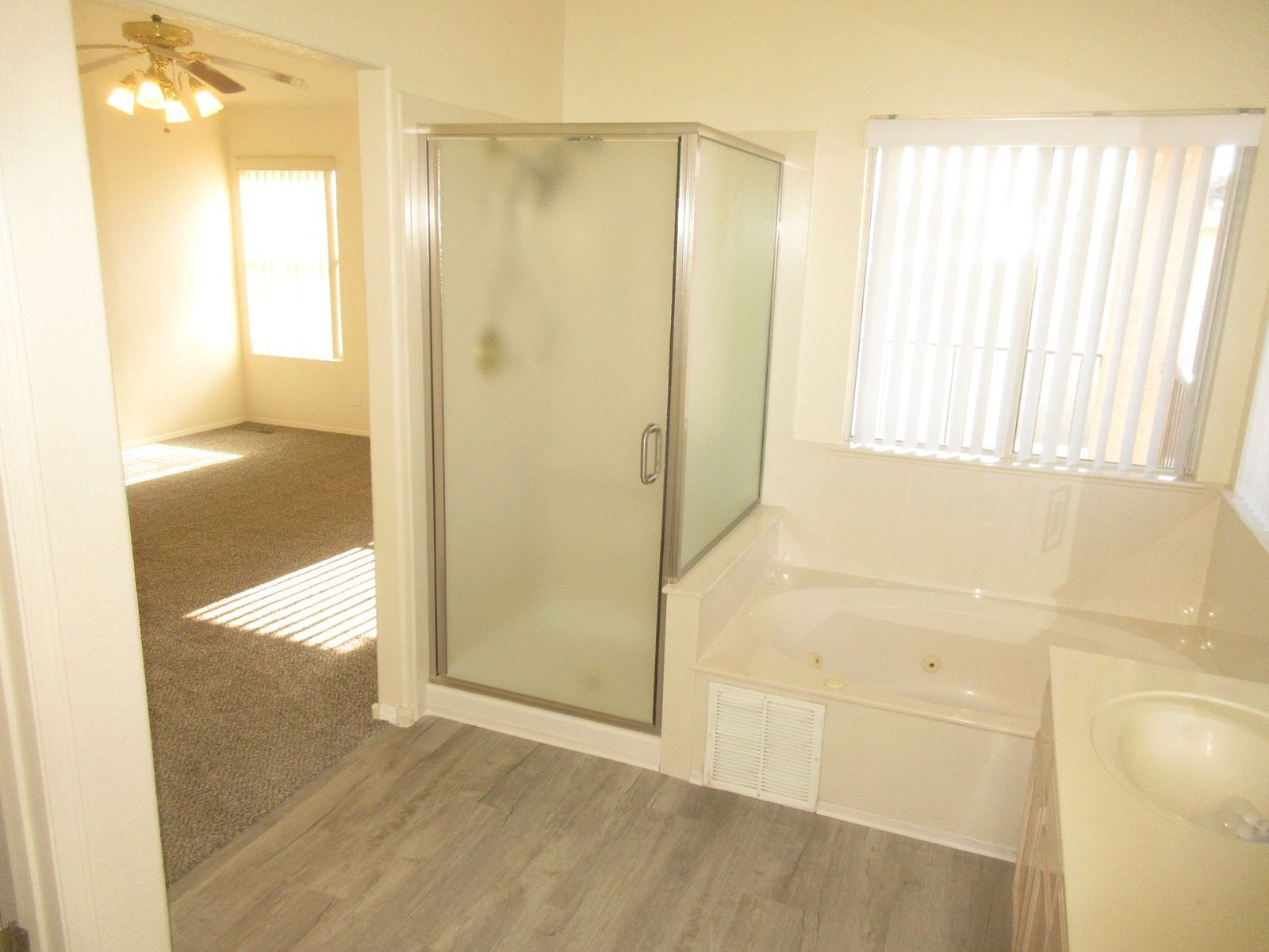 Bathroom with a shower, tub, and sink. Bedroom visible through the doorway.