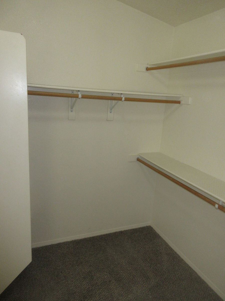 Empty walk-in closet with white walls, shelves, and a clothes rod. Gray carpeted floor.