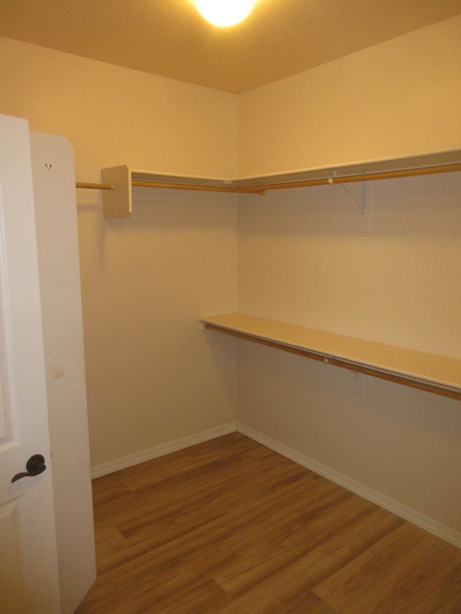 Empty walk-in closet with light-colored walls and wood-look flooring. Includes shelves and hanging rod.