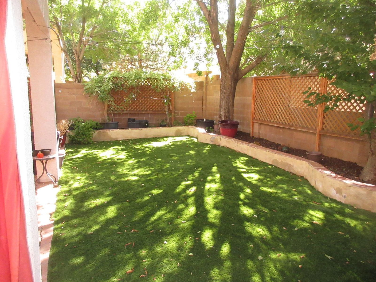 Lush green backyard with a tree casting shadows over the grass and lattice fencing along the walls.