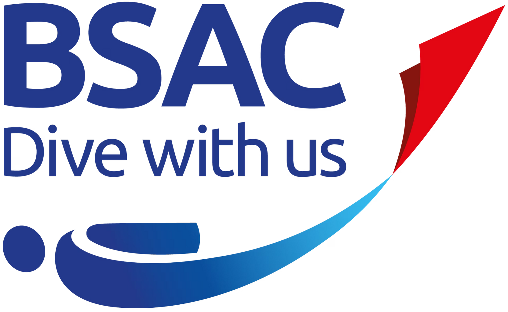 A blue and red logo that says bsac dive with us