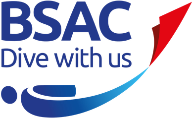 A blue and red logo that says bsac dive with us