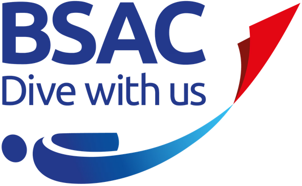 A blue and red logo that says bsac dive with us