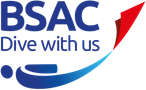 A blue and red logo that says bsac dive with us