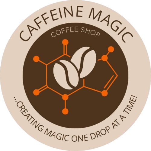 A logo for caffeine magic coffee shop with a coffee bean on it