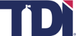 A blue and white logo for tdi with a bottle in the middle.