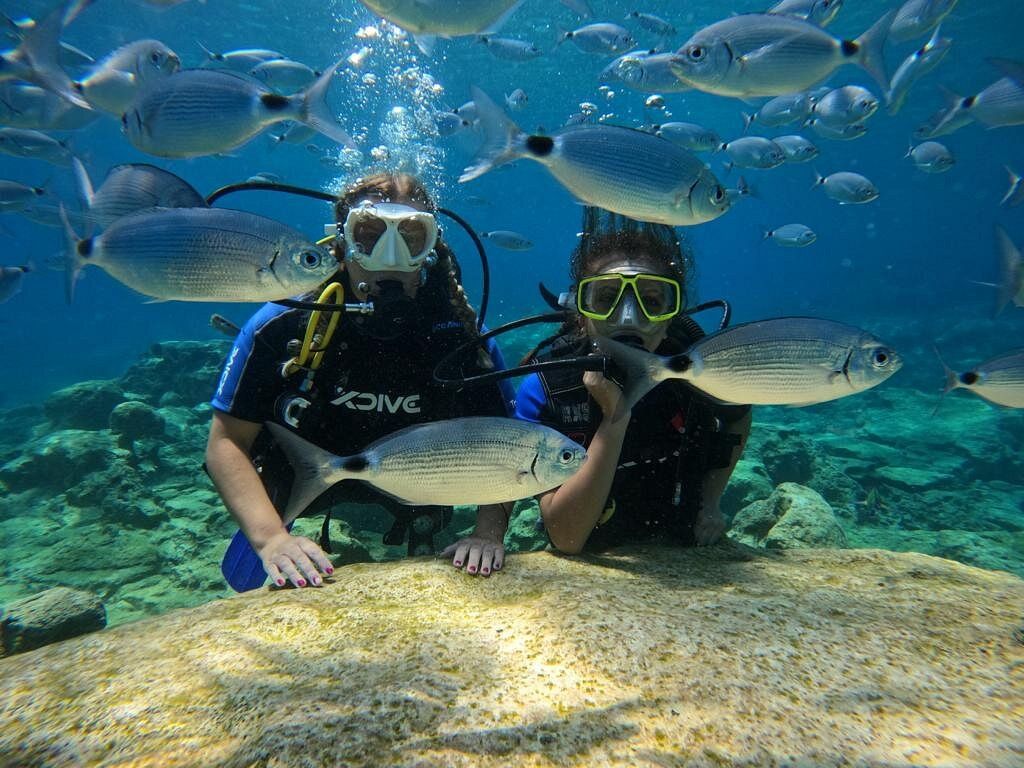 Two scuba divers are posing for a picture with fish in the ocean.