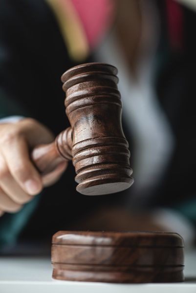 Hand holding a wooden gavel over a matching block, likely in a courtroom setting.