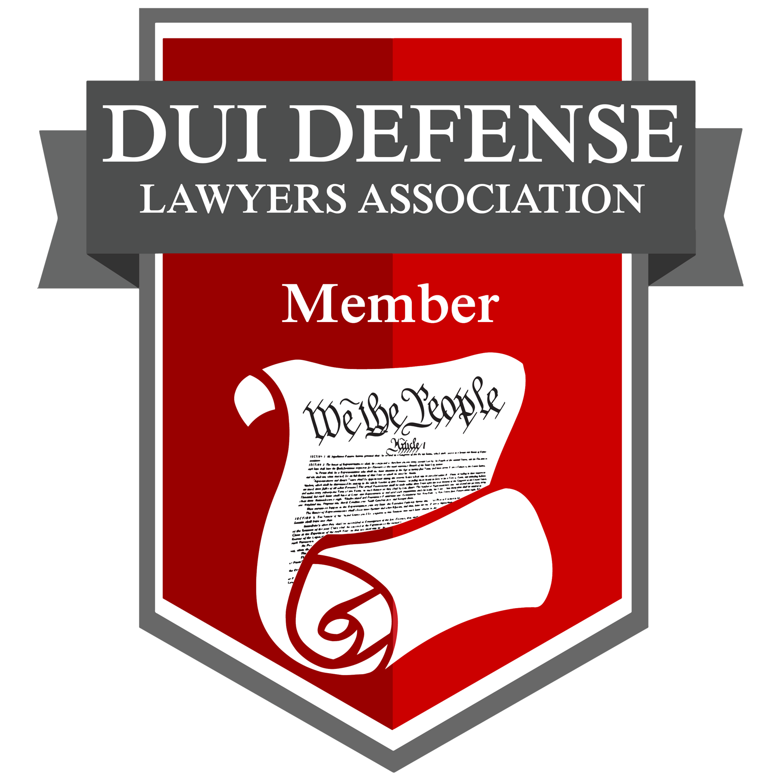 Badge for DUI Defense Lawyers Association, red and gray, with scroll and text 