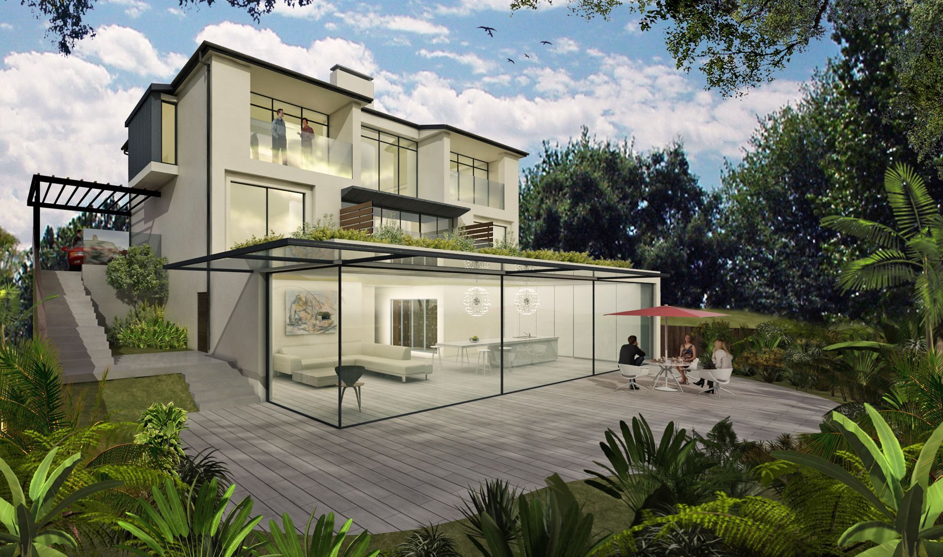 a house with a glass wall and a patio